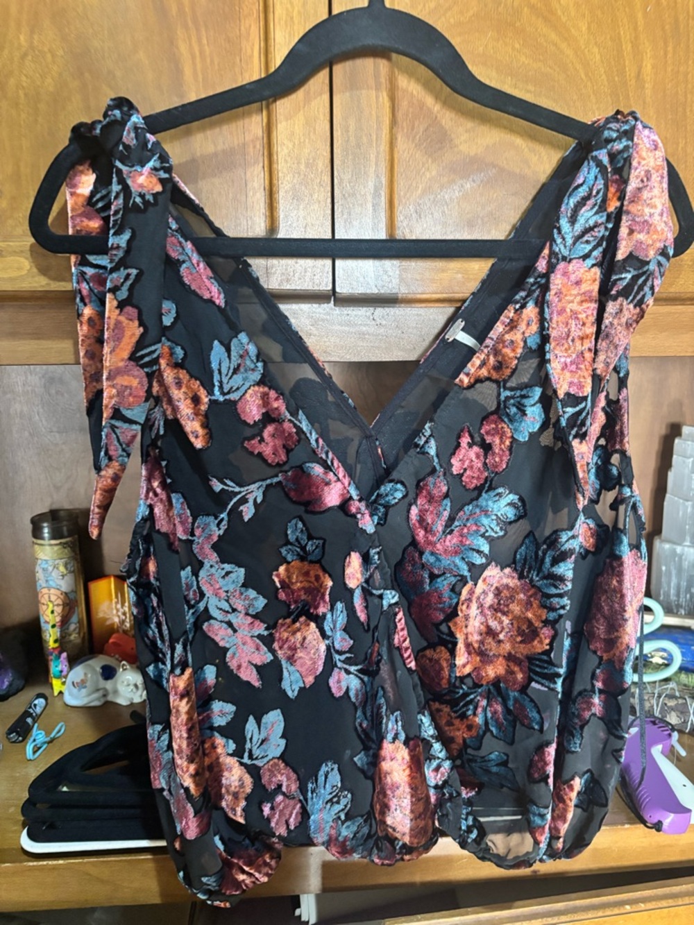 Free People Black Chiffon Floral V-Neck Tie-Shoulder Blouse